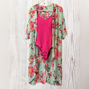 Colorful Floral Kimono and Pink One Piece Swimsuit